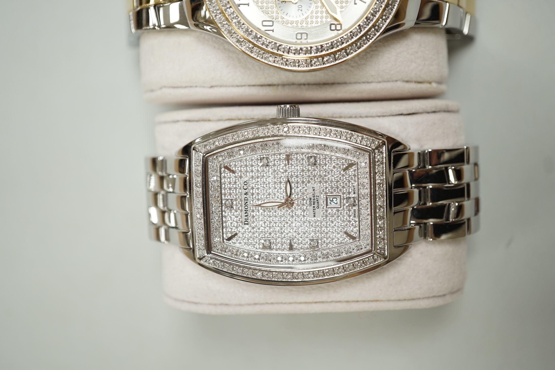 Two gentleman's modern stainless steel Diamond & Co quartz wrist watches, including chronograph, both with diamond chip set bezels.